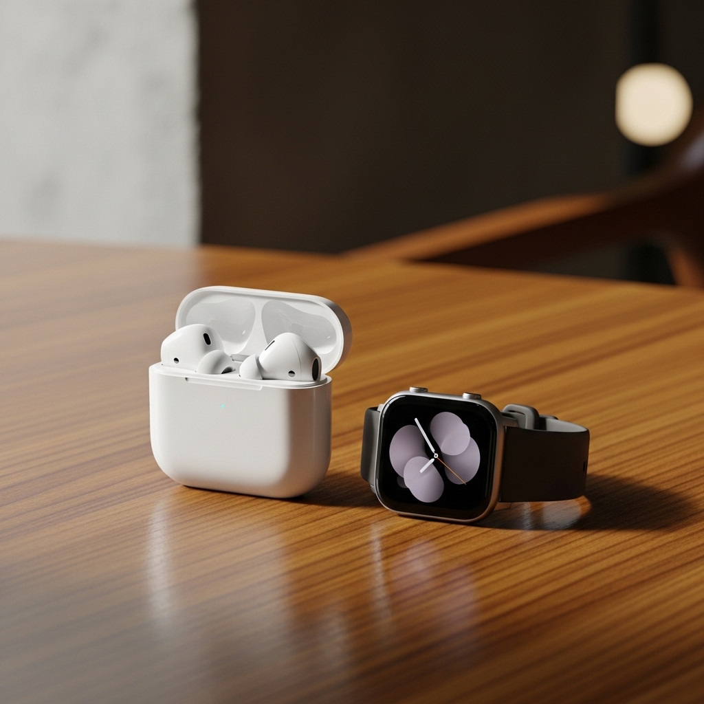 白いAirPodsとスマートウォッチ