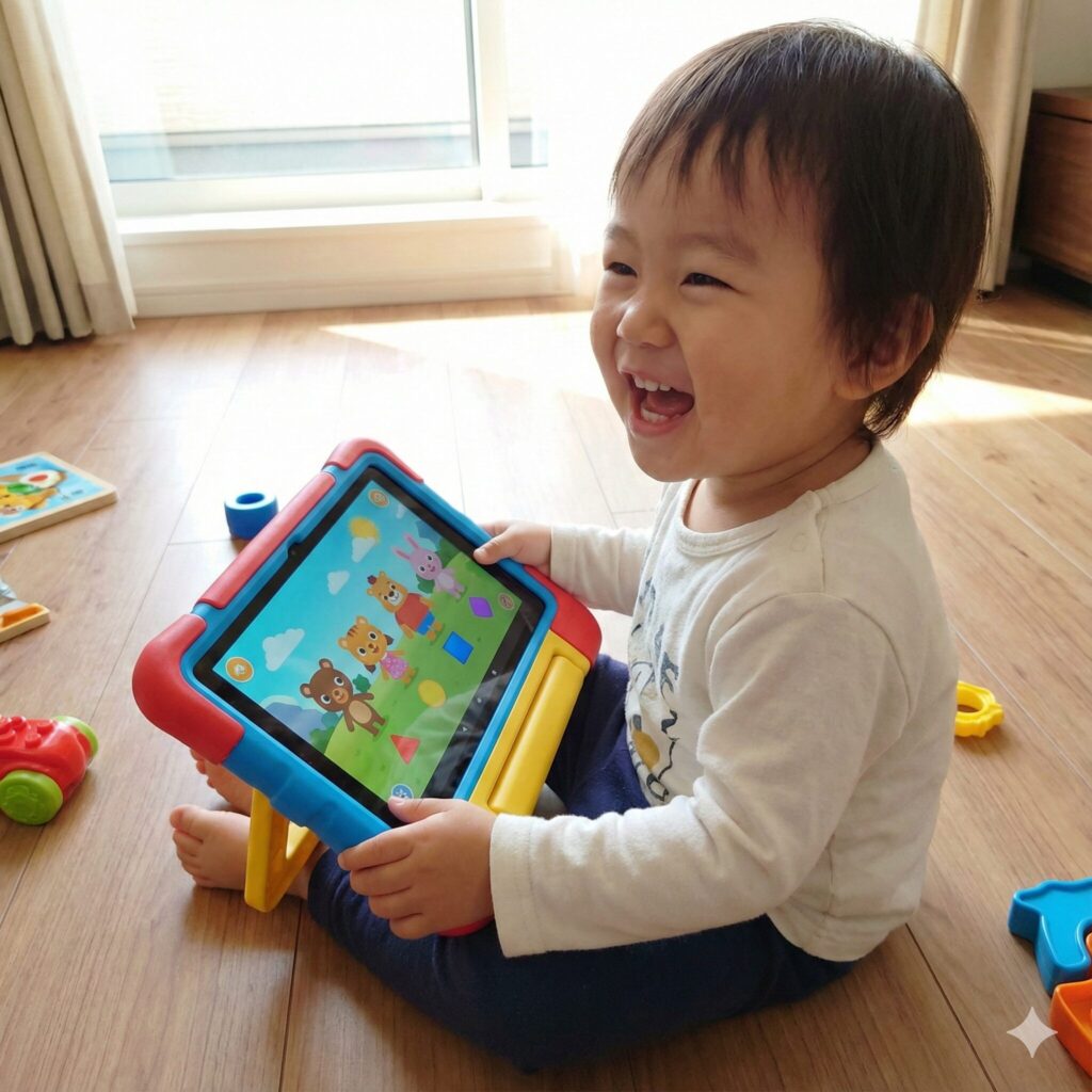 頑丈なキッズカバーを付けたFire HD 10で遊ぶ日本人の子供