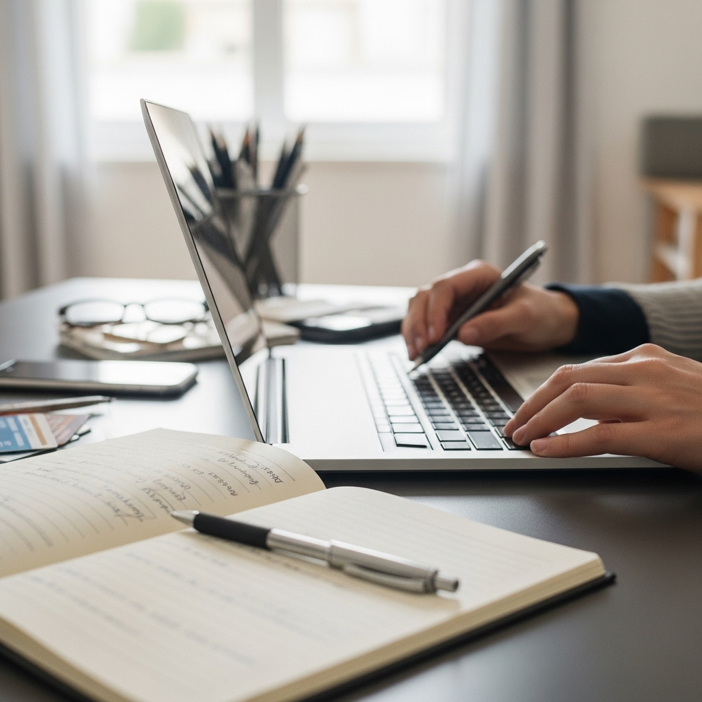 PC画面を見ながら戦略を練る日本人