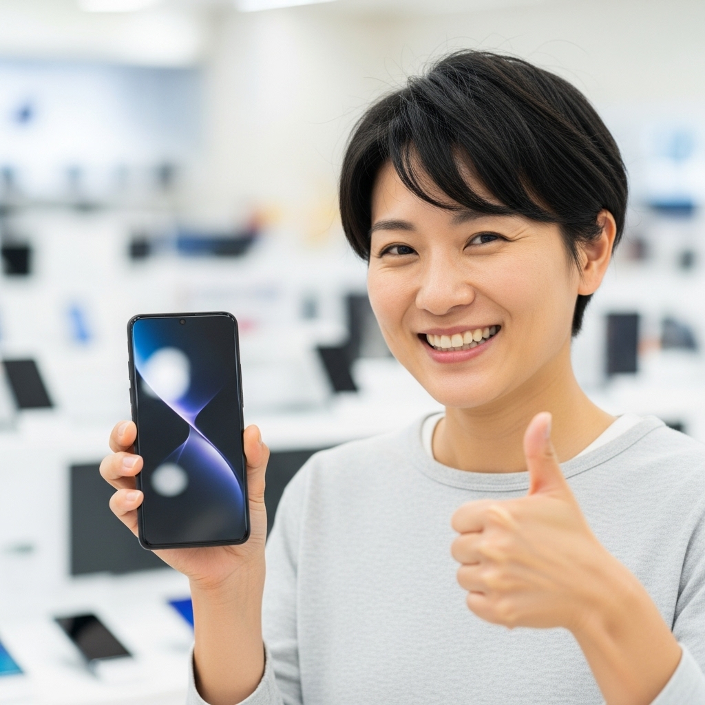 新しいスマホを手にして満足げな日本人