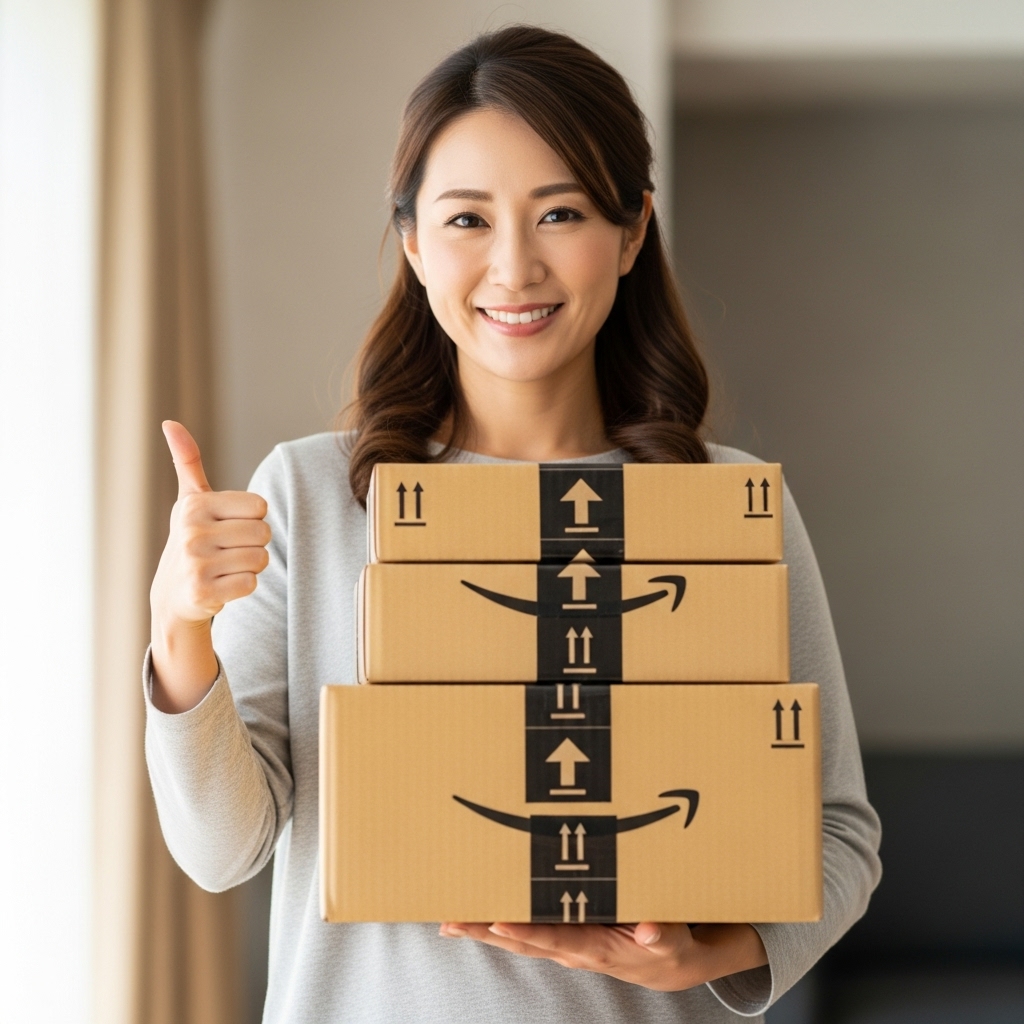 たくさんの買い物をして満足げな日本人