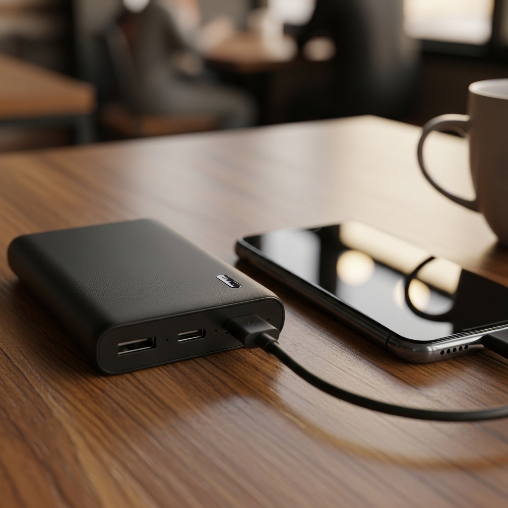 黒いモバイルバッテリーとスマートフォン