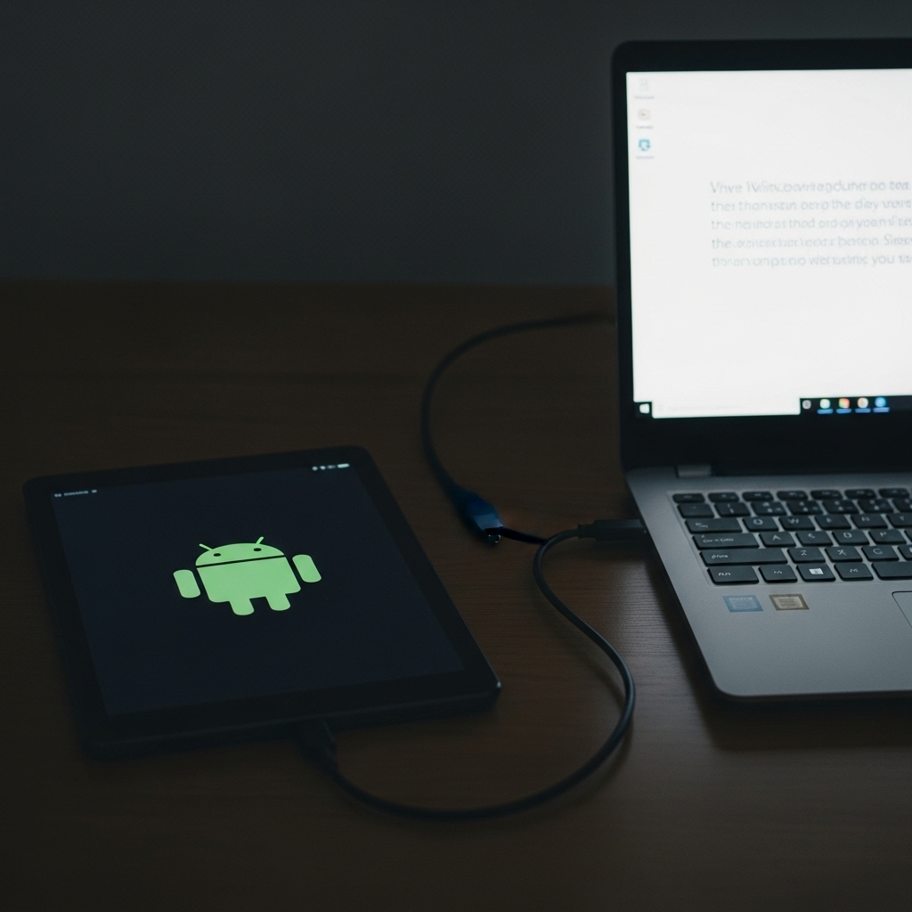 Fire HD 10とノートパソコンをケーブルで接続している様子（Toolbox導入イメージ）