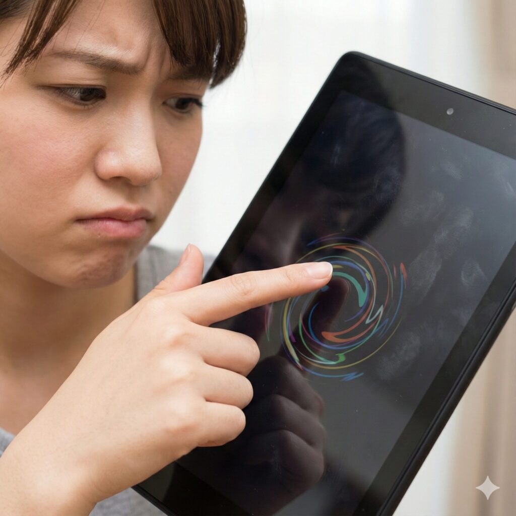 Fire HD 10の動作にもたつきを感じて少し困った顔の日本人女性