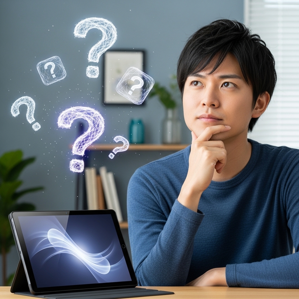 Fire HD 10について疑問を持ち考える日本人のポーズ