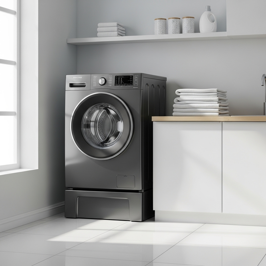 清潔なランドリールームにあるドラム式洗濯機
