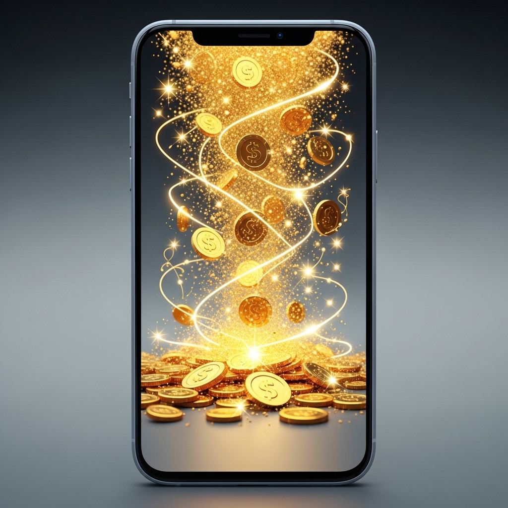 スマートフォンと溢れる金貨(ポイント)のイメージ