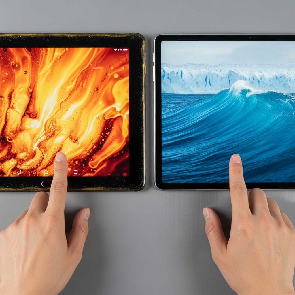 質感の異なる2つのタブレット、Fire HD 10とRedmi Pad SEを比較する様子