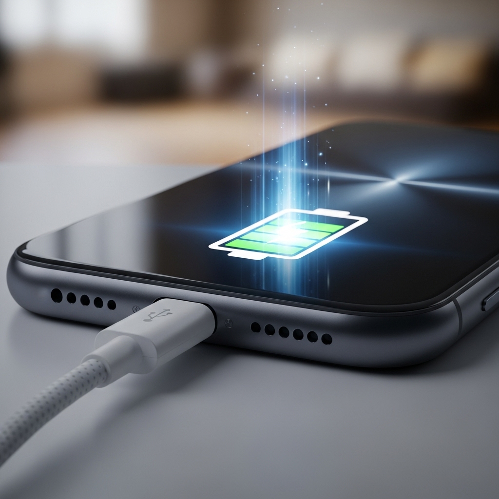 充電ケーブルが接続されたiPhone