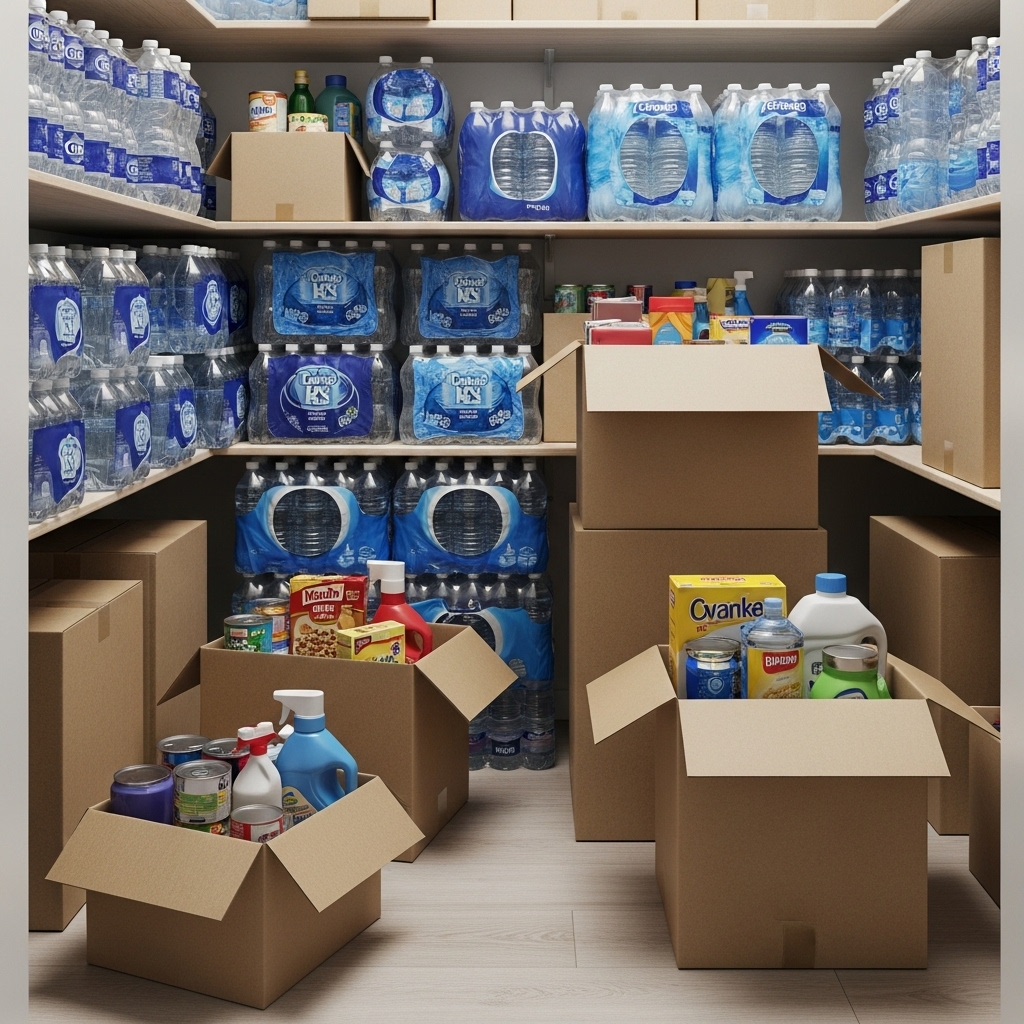 積み上げられた飲料水のペットボトルと段ボール