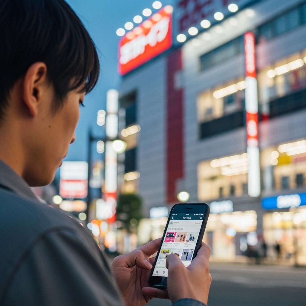 都市部にある家電量販店の店舗外観と、その手前でスマートフォンを操作して通販サイトを見ている日本人の手元の写真。