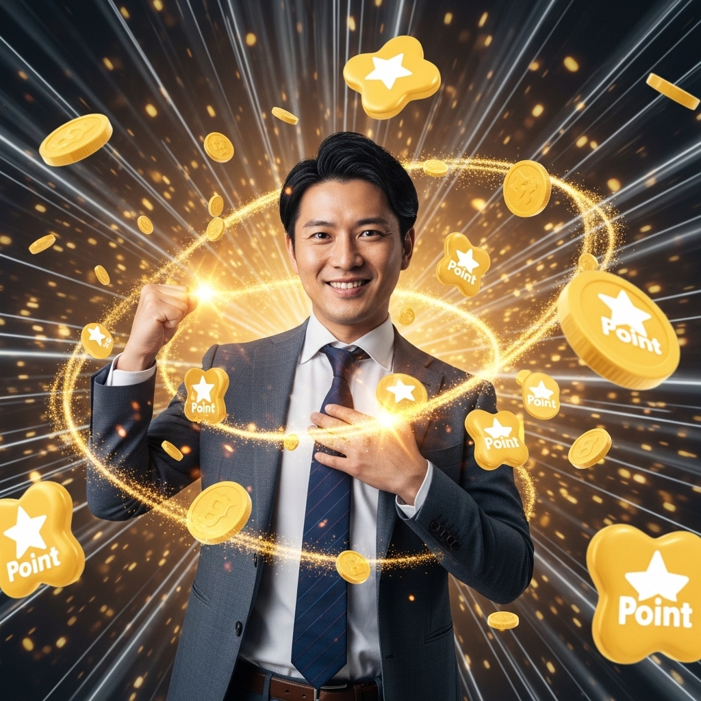 デジタル空間でポイントやコインがザクザク貯まっていくイメージとガッツポーズする日本人男性
