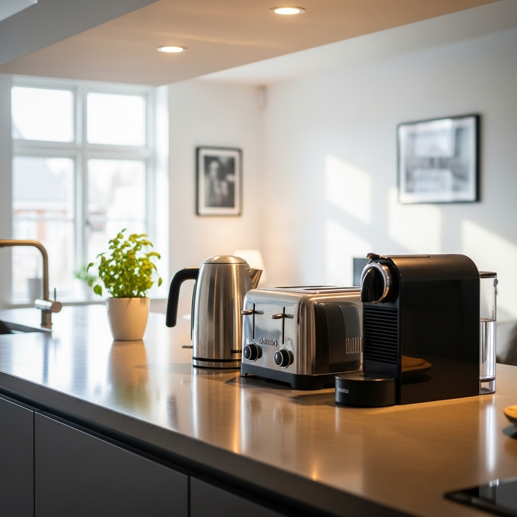 シンプルでデザイン性の高いキッチン家電が置かれたおしゃれなキッチン