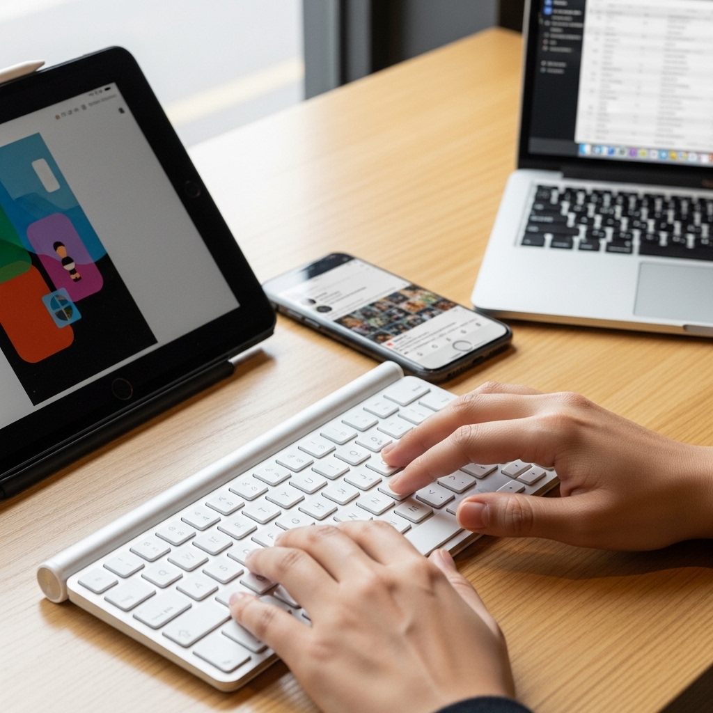 HHKB Classicの有線ケーブルとiPadやPCとのマルチデバイス接続イメージ