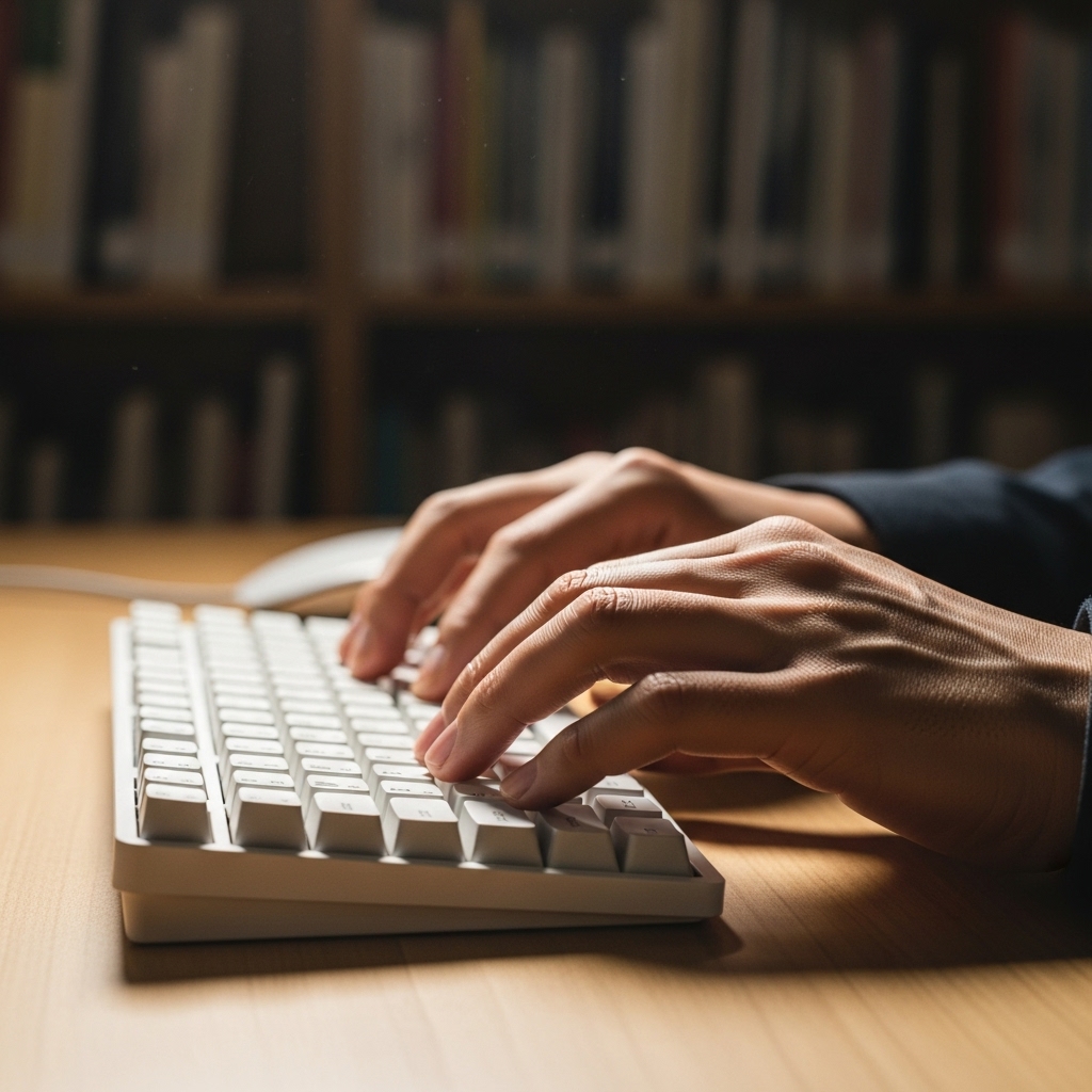 HHKB HYBRID Type-Sの静音性を表現する静かな図書館でのタイピング風景