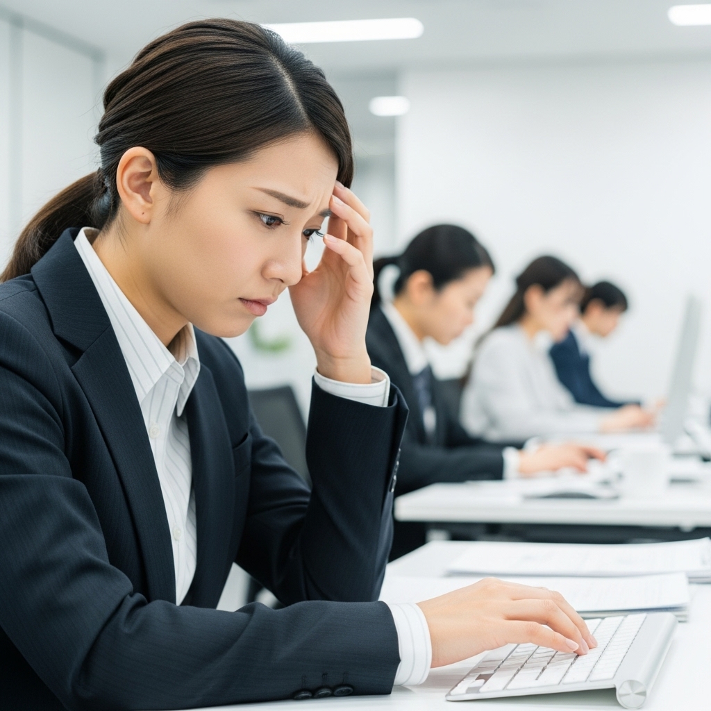 オフィスでキーボードの打鍵音を気にする日本人女性のイメージ