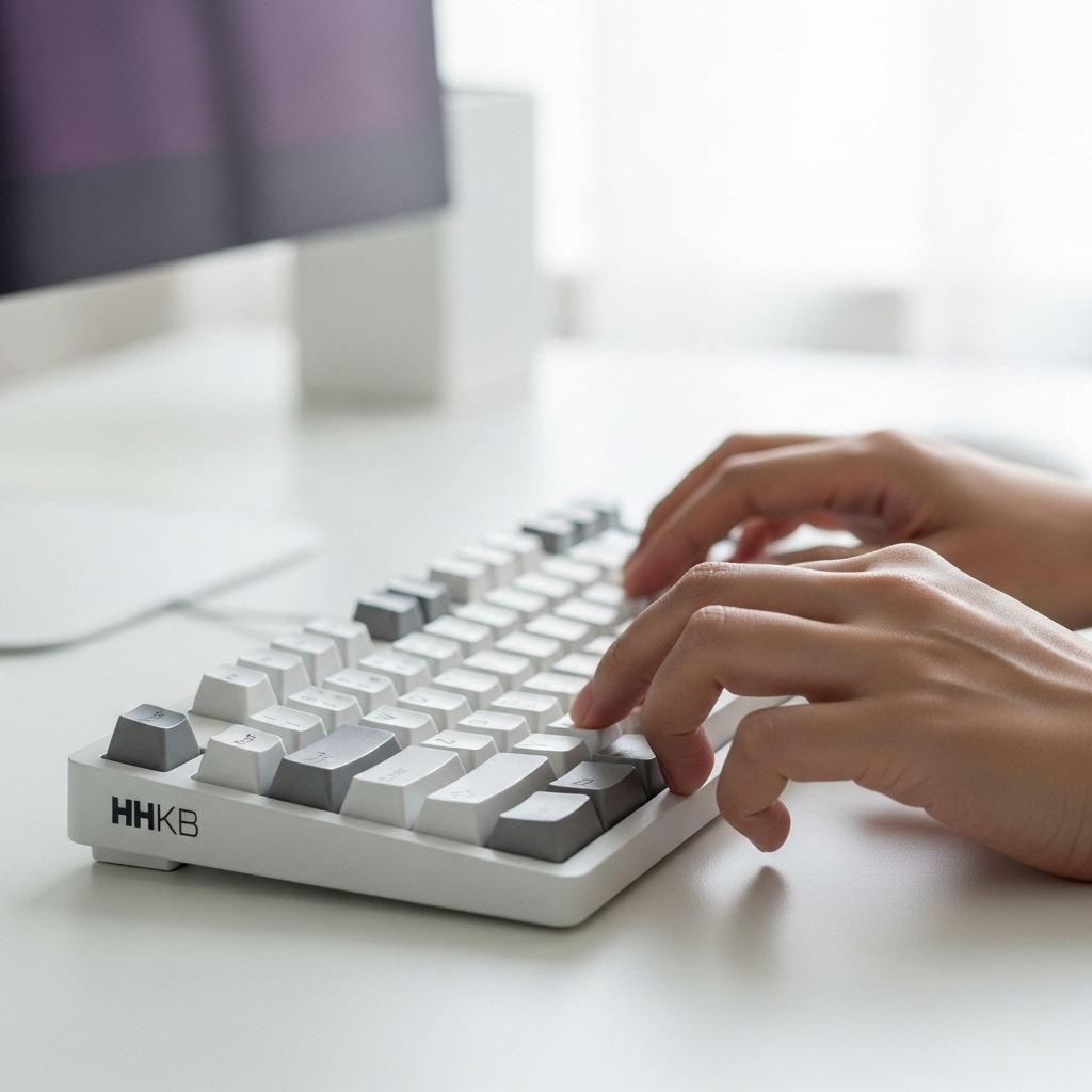 HHKBキーボードの使い方の基本となる入力切り替え操作を行う日本人の手元