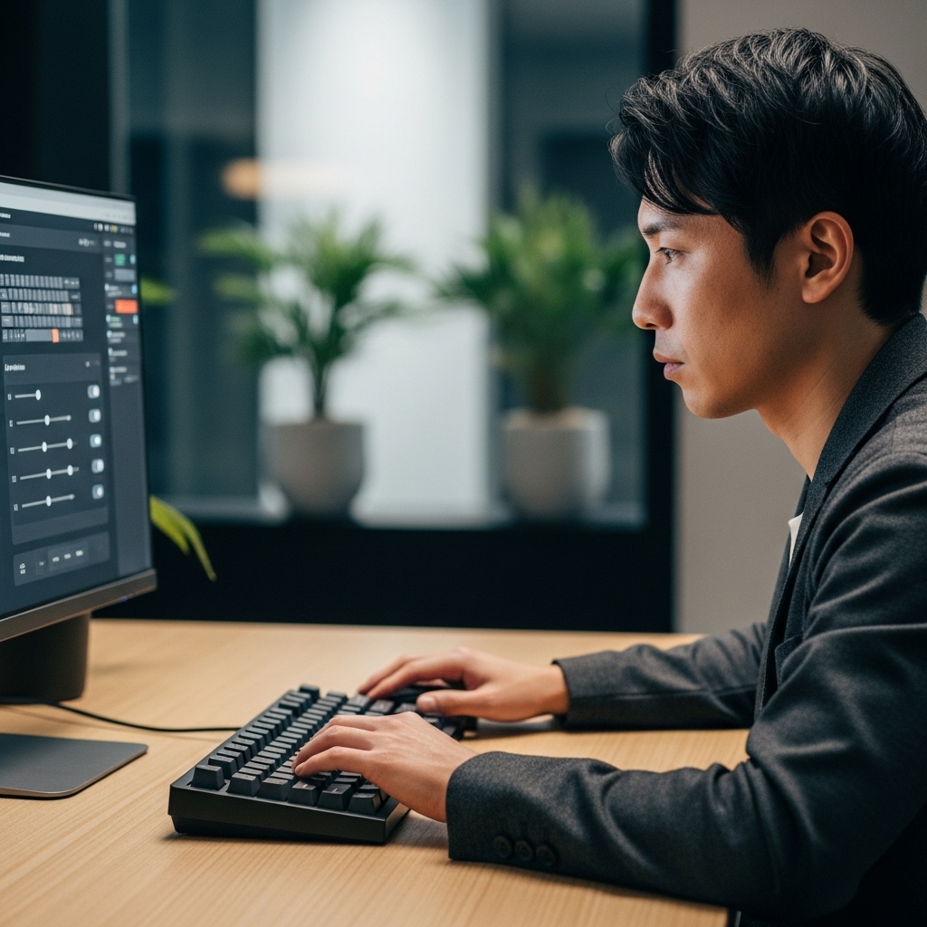 HHKBキーボードの使い方をカスタマイズするためPC画面を見ながら設定を行う日本人男性