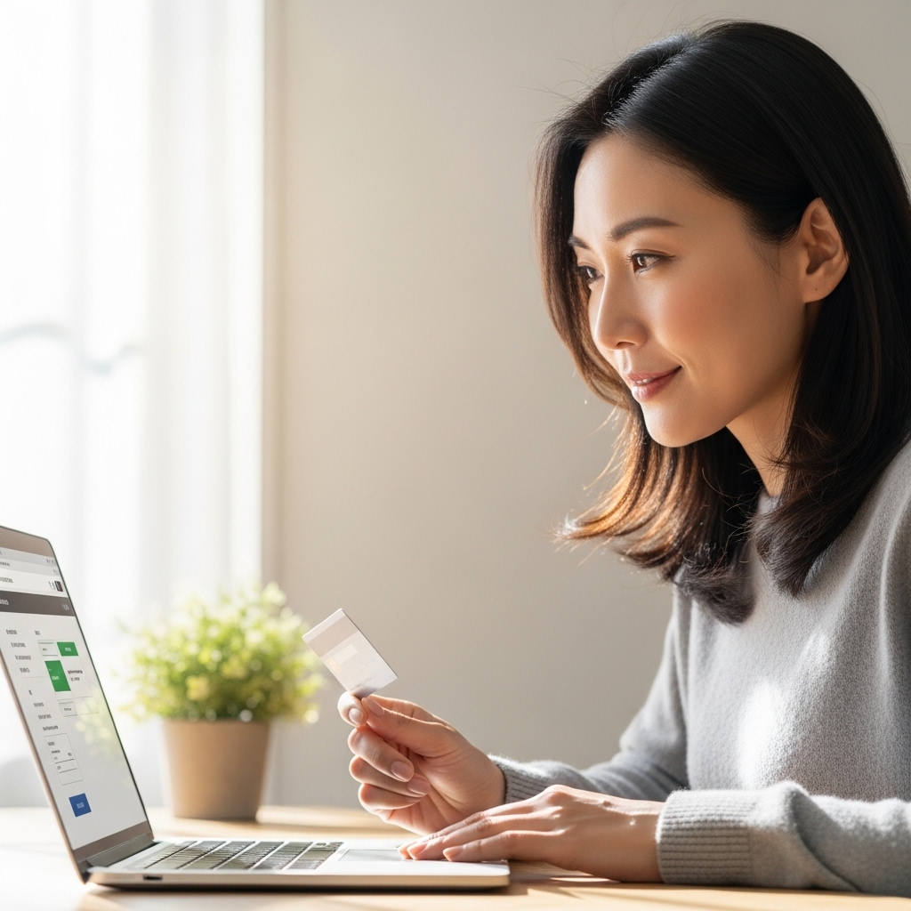 パソコンの前でクレジットカードを持ちネットショッピングをする日本人