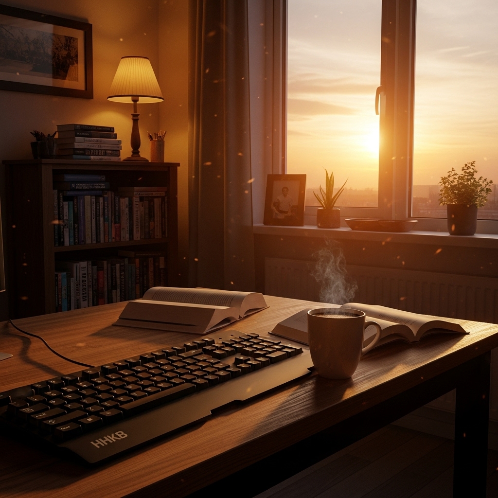 夕暮れの書斎 達成感のあるデスク コーヒー
