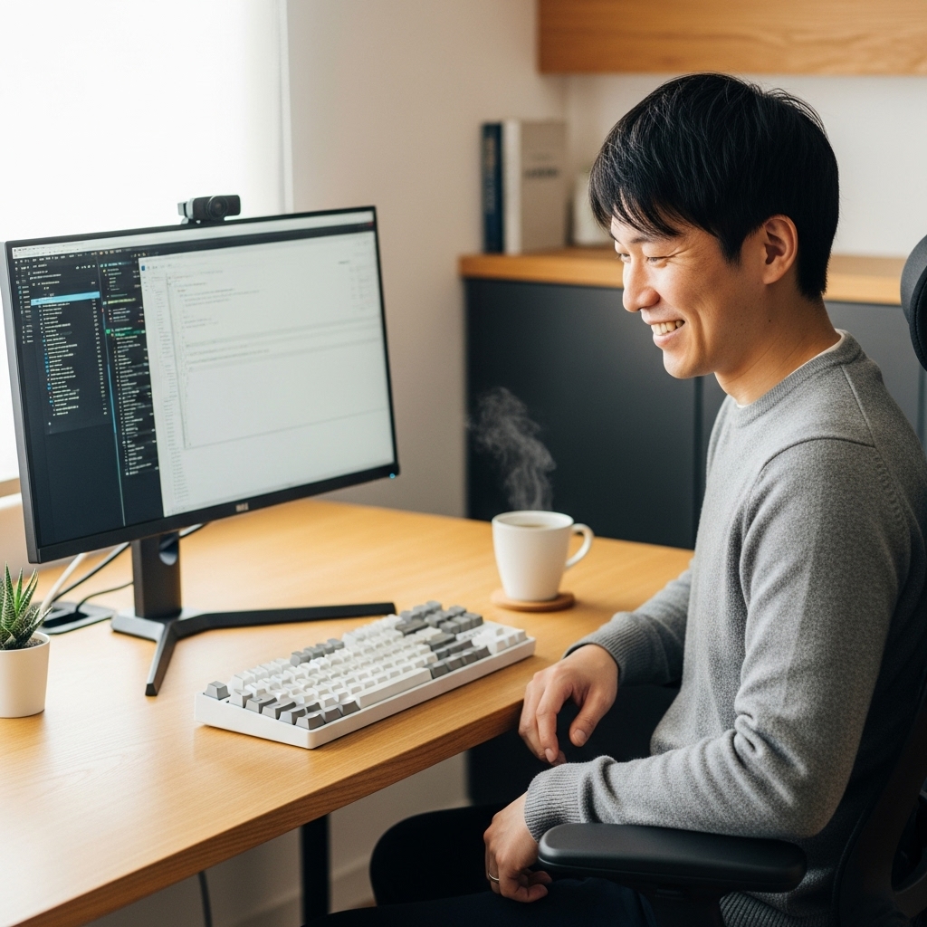 HHKBキーボードの選び方の結論となる最適なデスク環境と笑顔の日本人