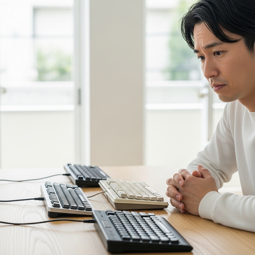 HHKBキーボードの選び方で悩む日本人男性とデスク上の複数のキーボード
