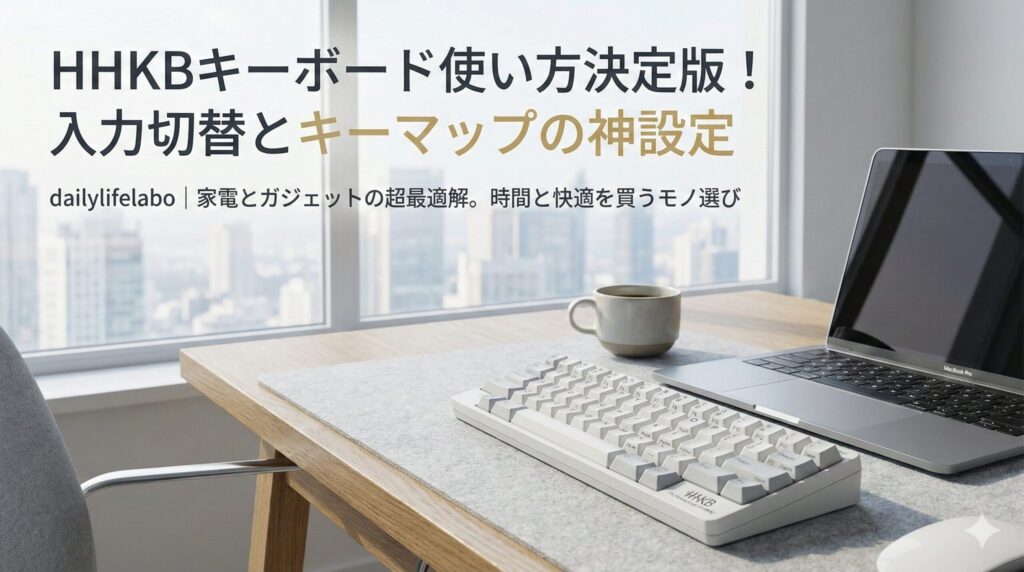 HHKBキーボード使い方決定版！入力切替とキーマップの神設定｜dailylifelabo。窓際の明るいデスクに置かれた白いHHKBキーボードとMacBook、コーヒーカップ。