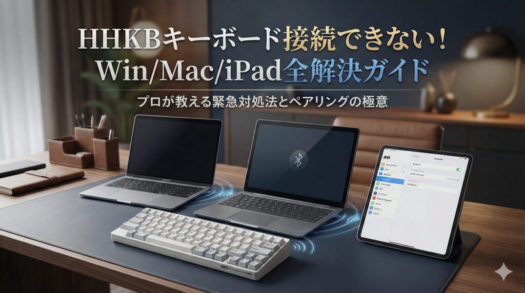 HHKBキーボード接続できない時の解決ガイド。タイトル「HHKBキーボード接続できない！Win/Mac/iPad全解決ガイド」と、HHKB（白）がWindowsノートPC、MacBook、iPadと無線接続されている様子が写った高級感のあるデスク画像。
