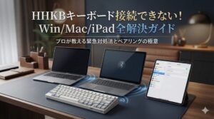 HHKBキーボード接続できない時の解決ガイド。タイトル「HHKBキーボード接続できない！Win/Mac/iPad全解決ガイド」と、HHKB（白）がWindowsノートPC、MacBook、iPadと無線接続されている様子が写った高級感のあるデスク画像。