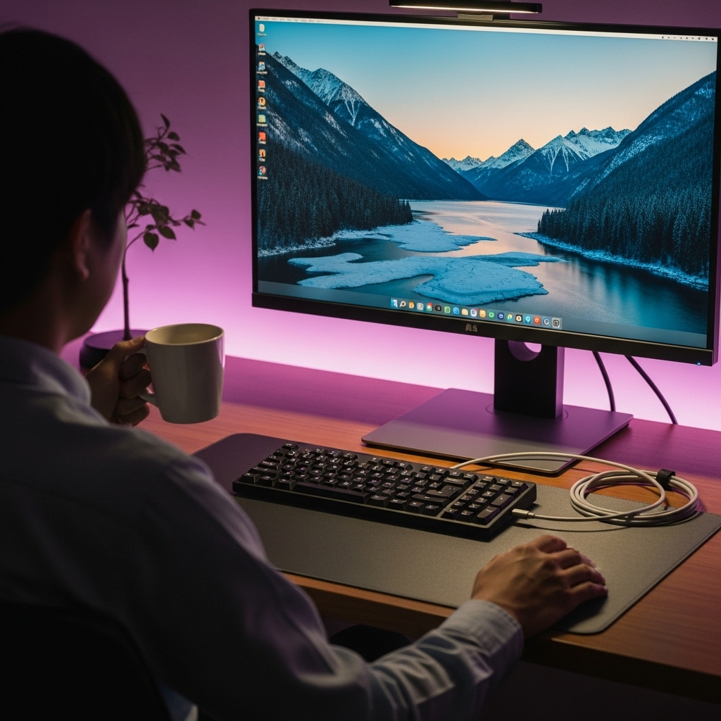 完璧にセットアップされたデスク環境で、HHKBと最適なケーブルを使って快適に作業を終えた後の、満足げな日本人ビジネスマンの後ろ姿や手元。