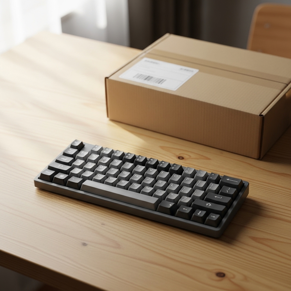 Amazonや楽天の配送箱とHHKBキーボードが置かれたデスク