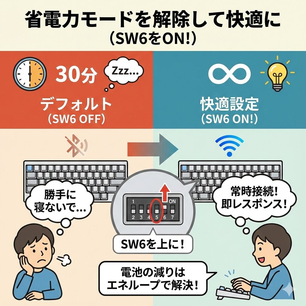 HHKB背面のDIPスイッチ（SW6）の設定図解。スイッチを「ON（上）」に切り替えることで、30分で電源が切れる省電力モードを無効化し、常時接続で快適に使う方法を解説。