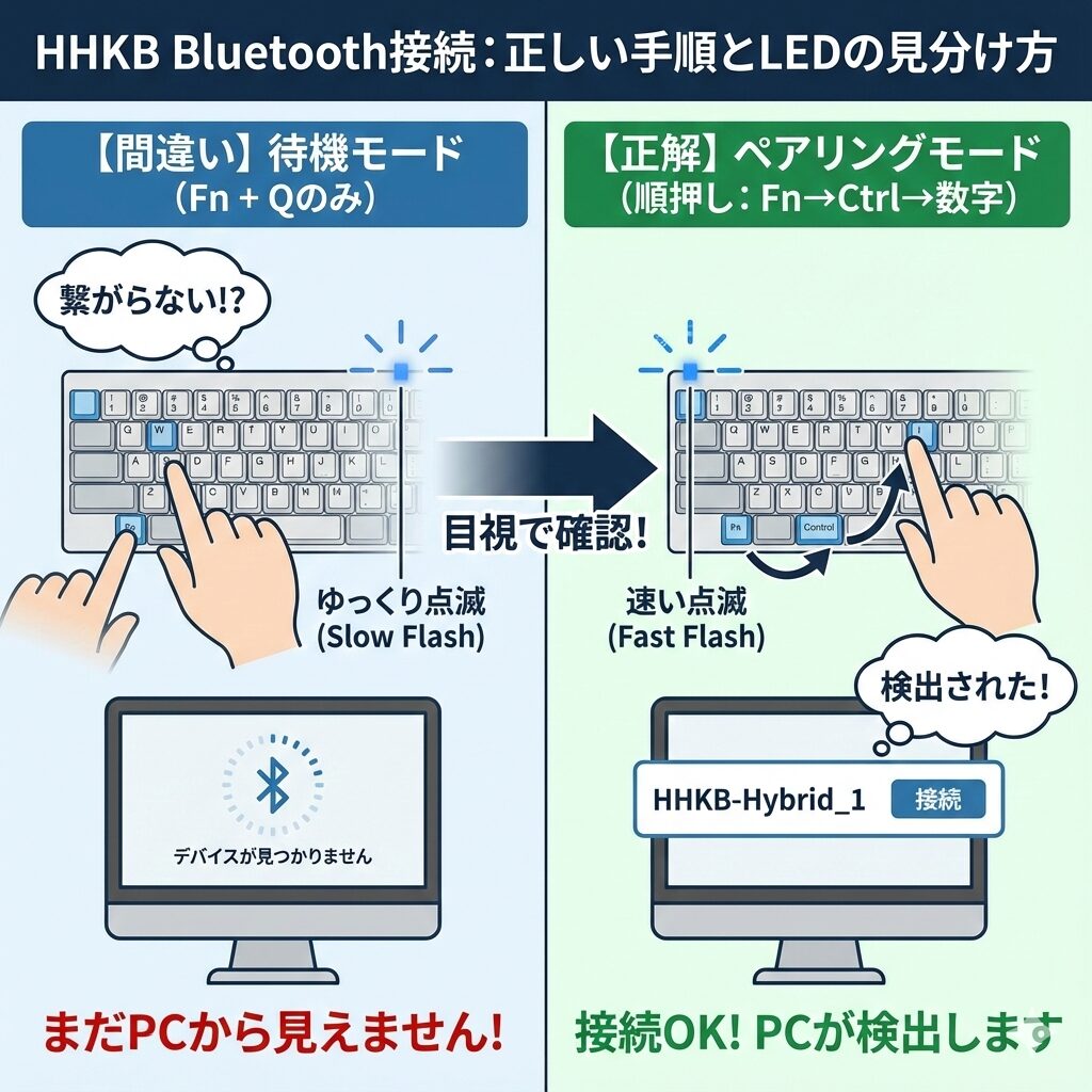 HHKBのBluetooth接続方法と正しい手順を、分かりやすく解説したイラスト図解