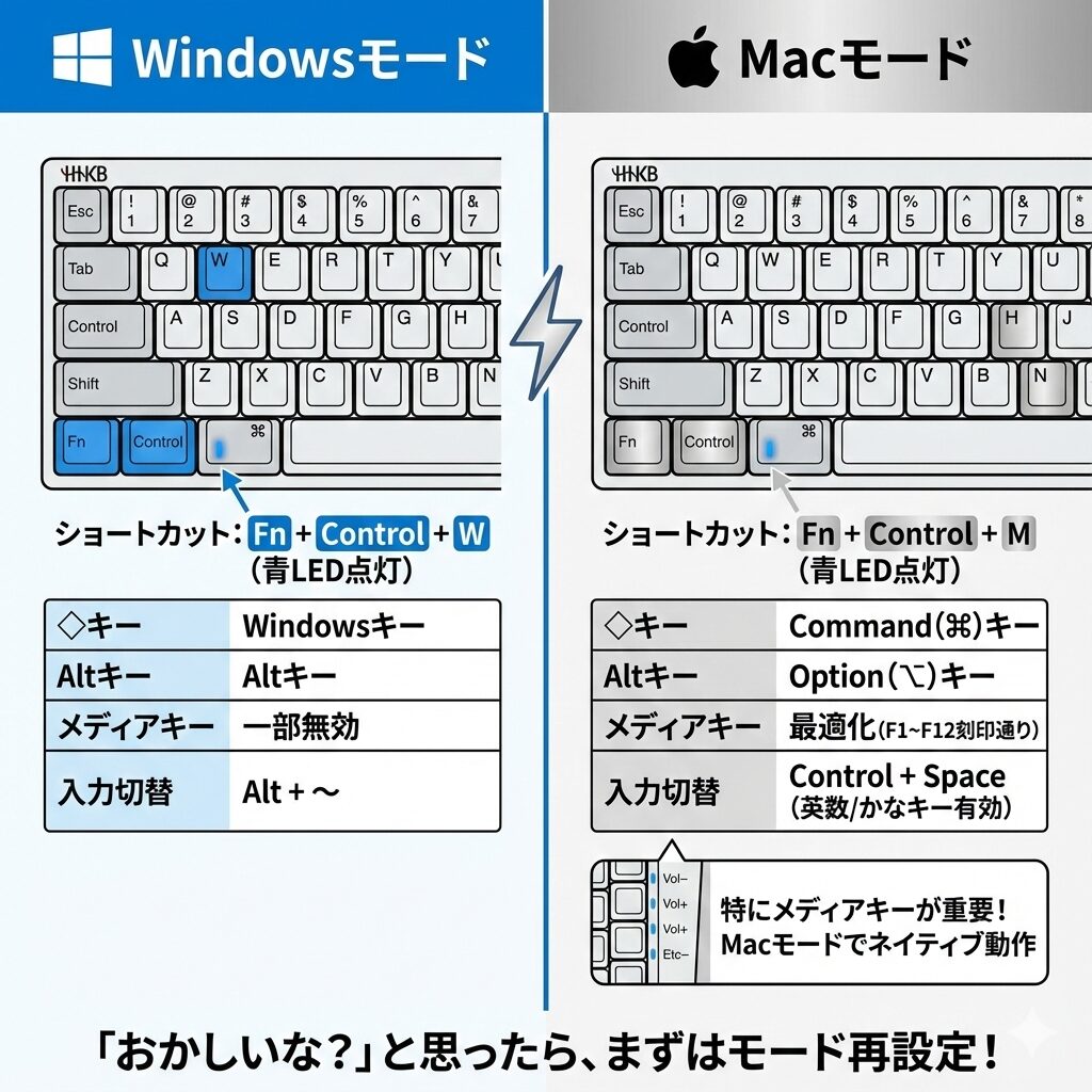 HHKBのWindowsモードとMacモードの違いを2つの画面を使い、対比してわかりやすい解説のイラスト図解