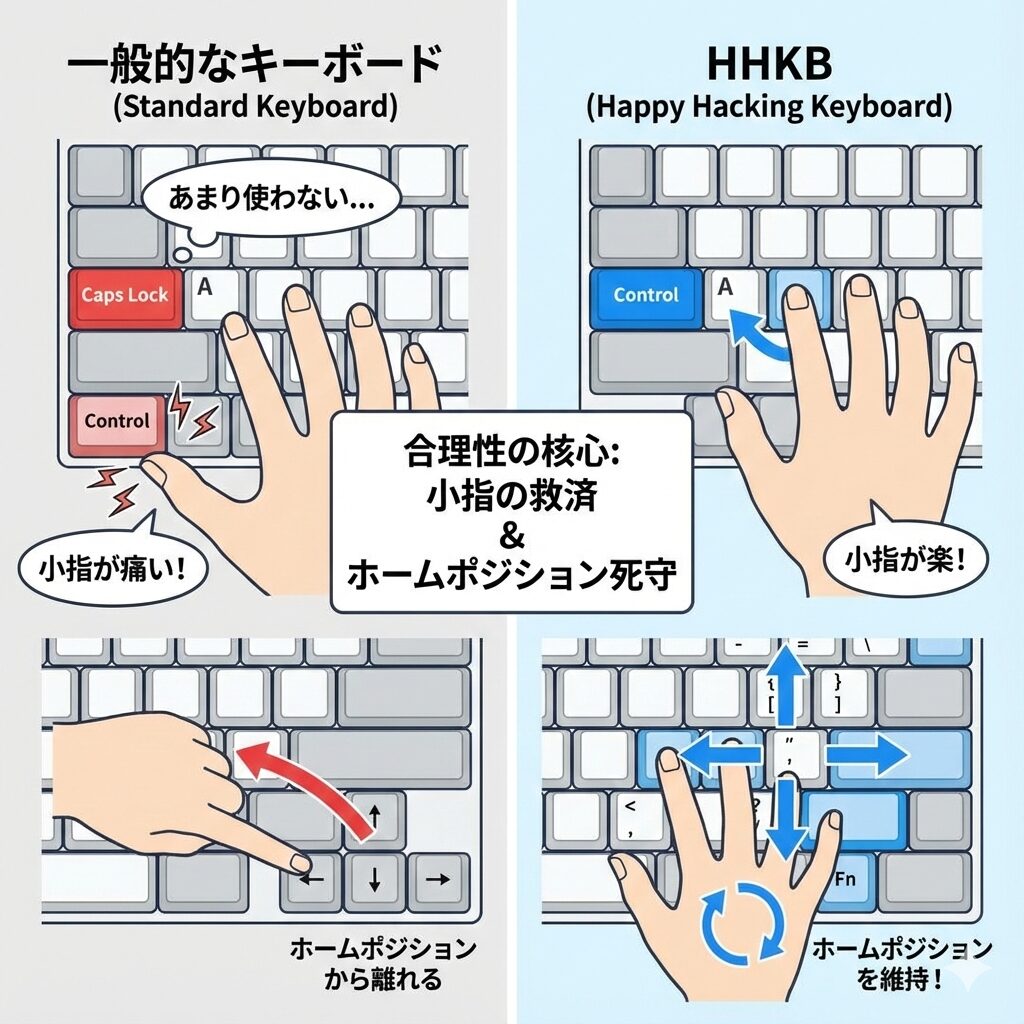 HHKBキーボードの特殊レイアウトの特徴を、キーボードのイラスト2面を使って、分かりやすくイラスト図解