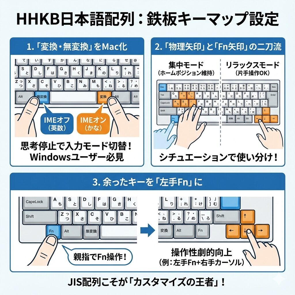 HHKB日本語配列のキーマップおすすめ設定の手順を、2面で分かりやすくイラスト図解