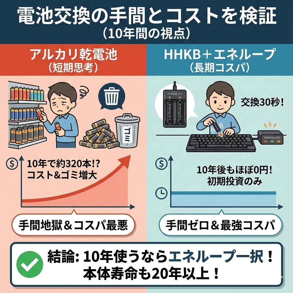 HHKBの電池交換における10年間のコストと手間を比較した図解。左側はアルカリ乾電池を使い続けた場合の「手間地獄＆コスパ最悪」な状況を、右側はエネループを導入した場合の「手間ゼロ＆最強コスパ」な状況を対比させ、長期的な視点でのメリットを強調している。