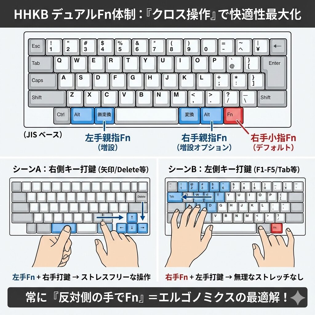 「左にもFn、右にもFn」というダブルFn体制にすることで、キーコンビネーションに合わせて押しやすい方の Fn を選べるようにするための手順を、分かりやすくイラスト図解