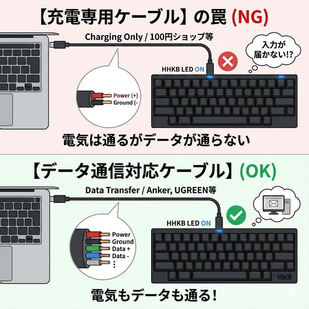 「HHKBの有線接続にはデータ通信ケーブルが必須」を2分割にして、分かりやすくイラスト図解