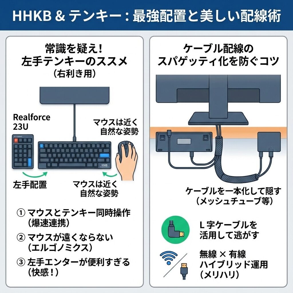 HHKBとテンキーのおすすめ配置とケーブル配線を、分かりやすくイラスト図解