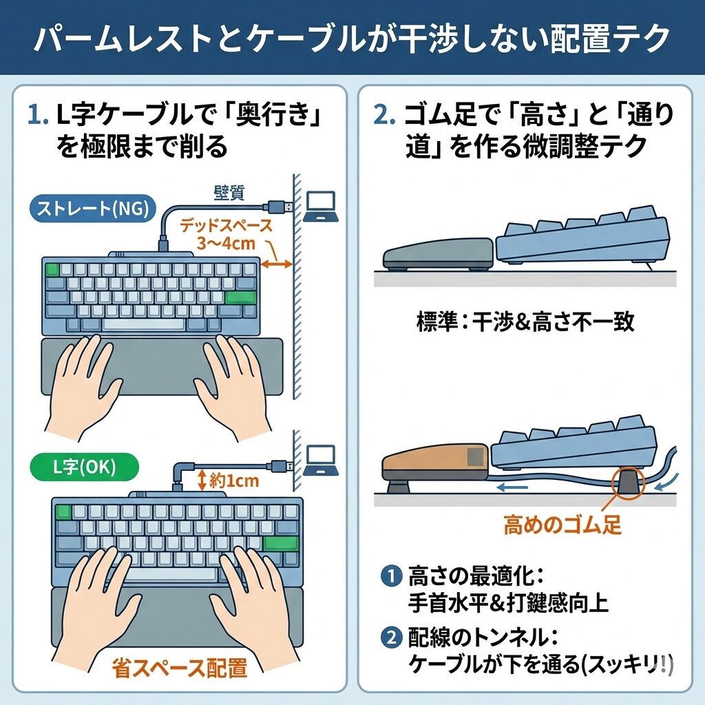 パームレストとケーブルが干渉しない配置テクニックを、分かりやすくイラスト図解