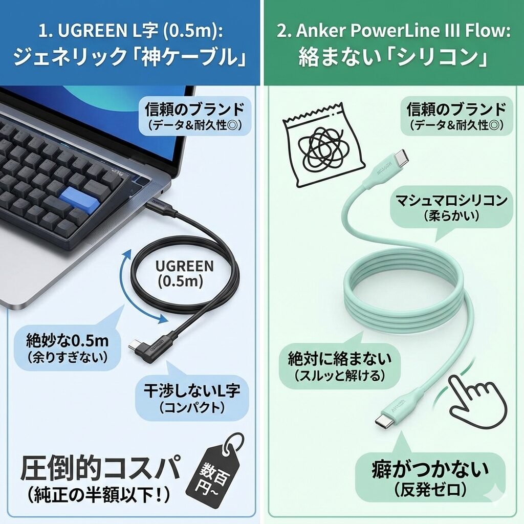 「コスパ最強のAnkerやUGREENケーブル」二種類のケーブルを、分かりやすくイラスト図解