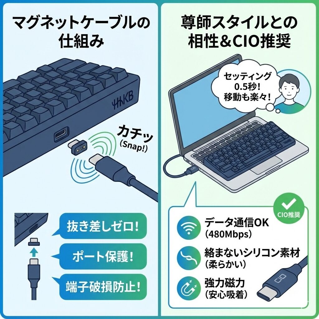 マグネットケーブルの仕組みや、「尊師スタイル」との相性の良さを、分かりやすくイラスト図解