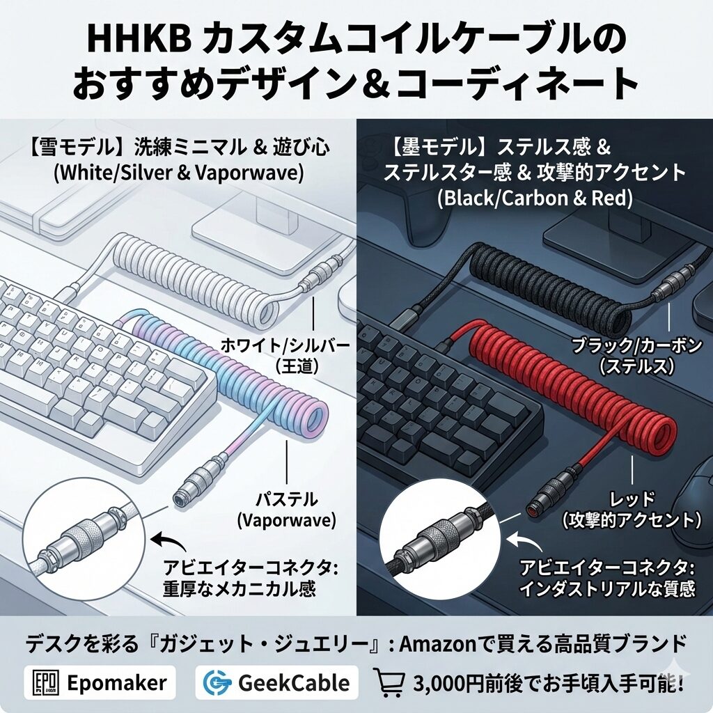 キーボードのコイルケーブルおすすめカラーを4色のコーディネートを、分かりやすくイラスト図解