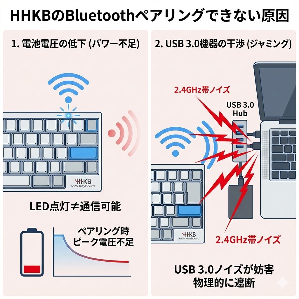 「HHKBのBluetoothペアリングできない原因」をわかりやすく解説した図解イラスト