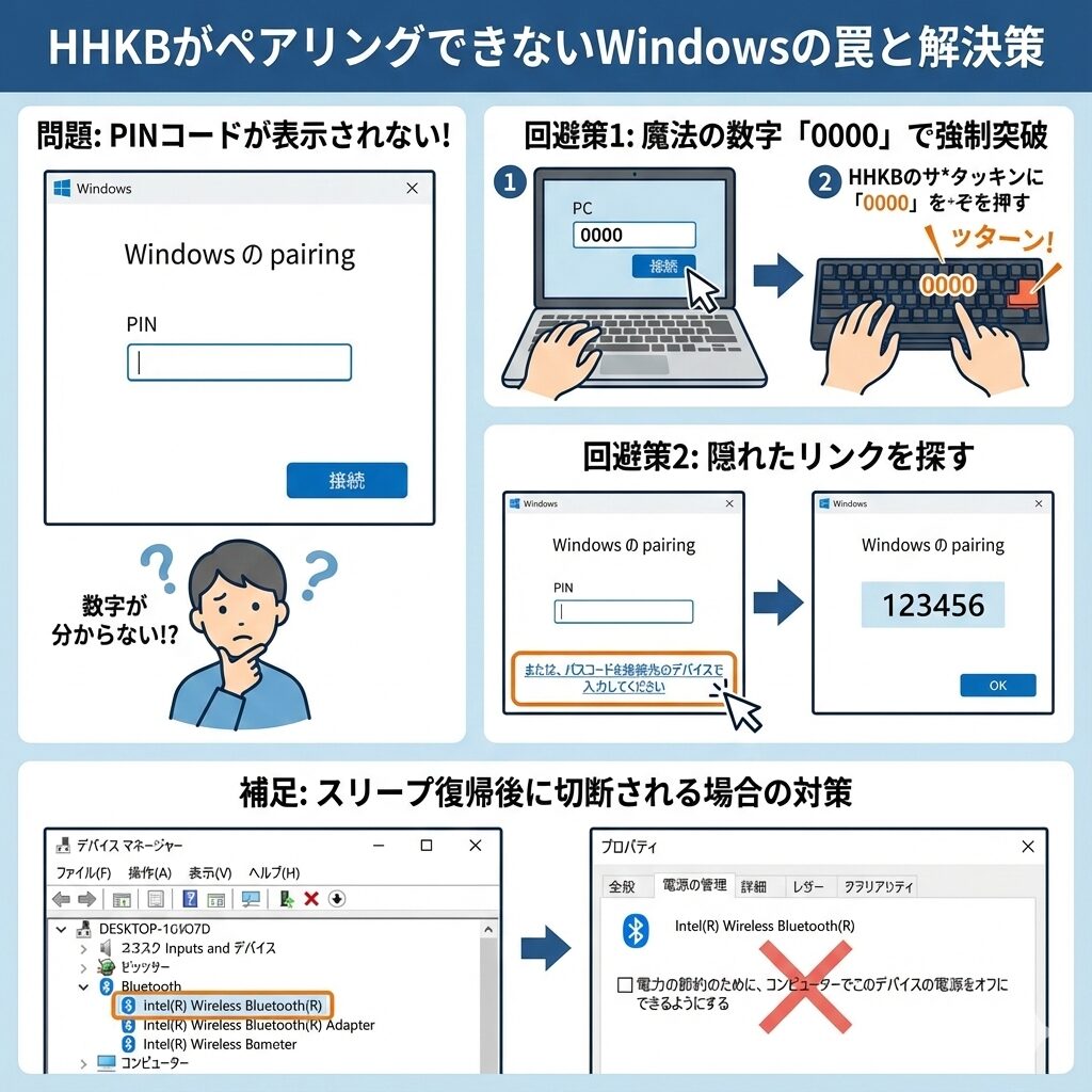 いわゆる「HHKBがペアリングできないWindowsの罠」への具体的対応策を解説したイラスト図解