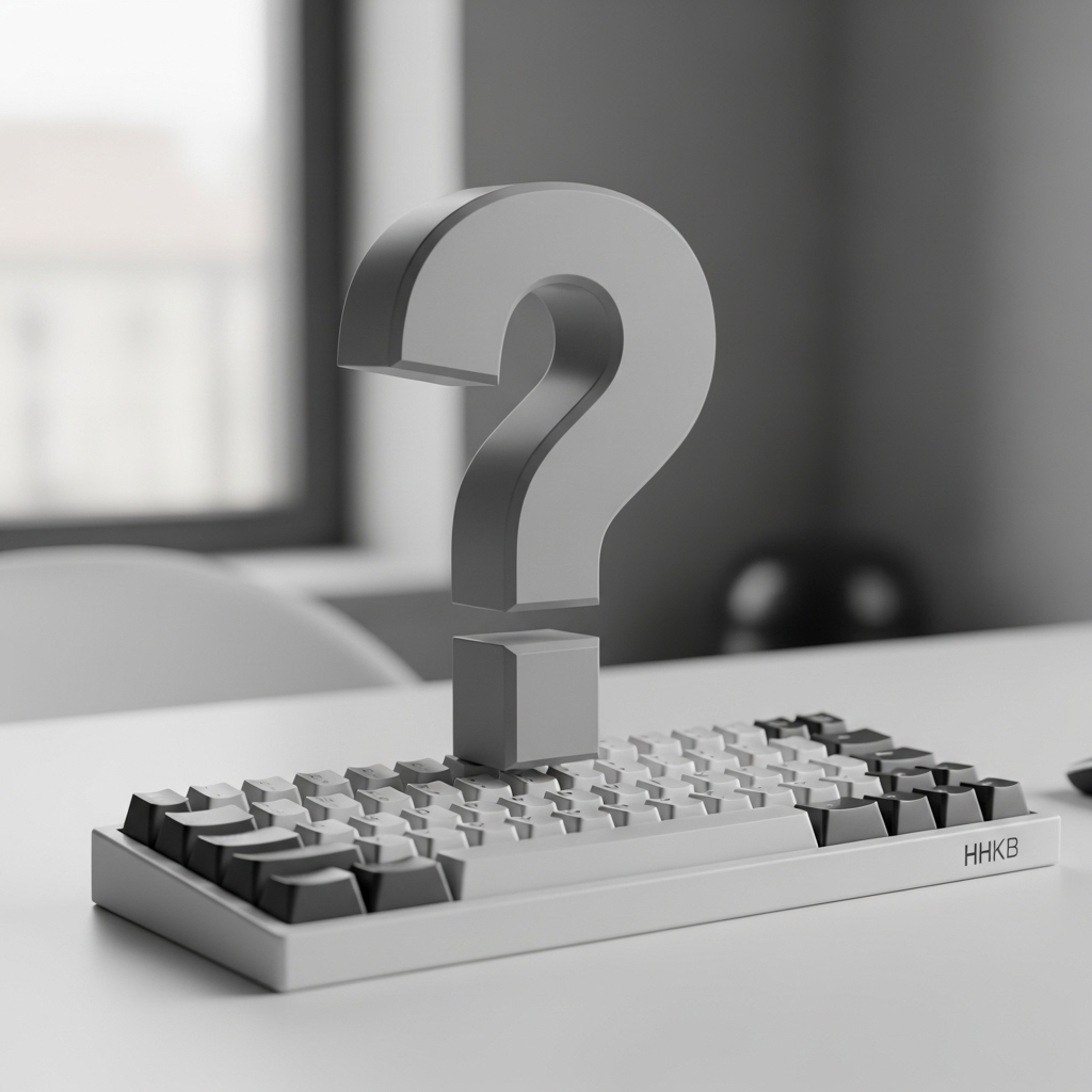 HHKBキーボードの使い方に関する疑問を象徴するシンプルなクエスチョンマークのオブジェ