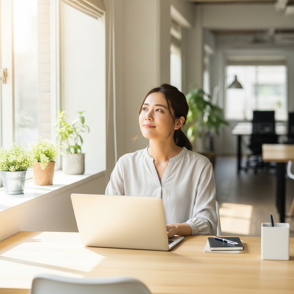 考える日本人女性 疑問解決 デスクワーク