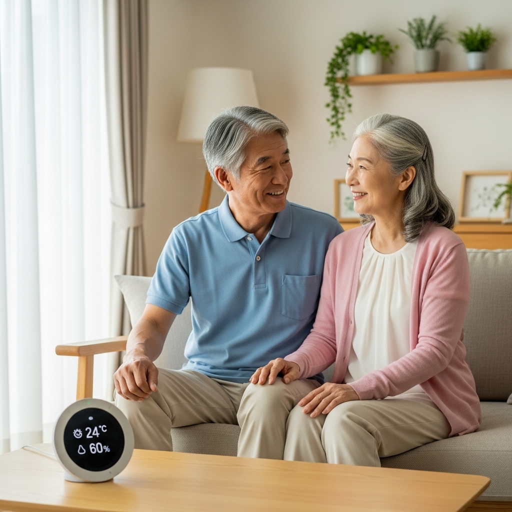 リビングで微笑むシニア世代の日本人夫婦と卓上のスマートホームハブ