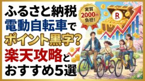 「ふるさと納税 電動自転車でポイント黒字？楽天攻略とおすすめ5選」のアイキャッチ画像。電動自転車と大量の楽天ポイントや金貨をイメージしたイラストで、実質負担2,000円以下で手に入れるお得な節税術とおすすめモデルを表現したサムネイル。